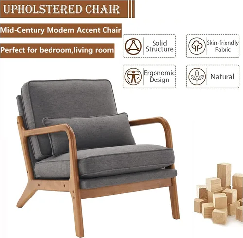 Vista 7 de Silla decorativa para sala de estar, sillón tapizado moderno de mediados de siglo con almohada, sillón de lectura, cómoda silla decorativa para Gris