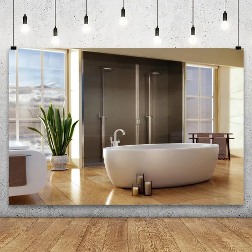 Vista 2 de YongFoto Decoración de interiores de baño de 5 x 3 pies, moderno, fondo de fotografía, bañera de lujo, plantas verdes, telón de fondo de piso