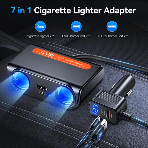 Vista 2 de ELECTOP - Divisor de encendedor de cigarrillos 7 en 1, enchufe de 24/12 V, adaptador de corriente para encendedor de cigarrillos de automóvil
