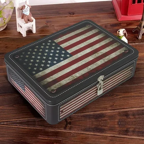 Vista 5 de Luwint Caja de almacenamiento decorativa, 12 pulgadas de largo x 9 pulgadas de ancho, estuche de metal para recuerdo con cerradura y llave y pequeña