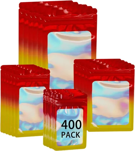 Vista 9 de Paquete de 400 bolsas holográficas de Mylar resellables de 4 tamaños, bolsas para almacenamiento de alimentos, a prueba de olores, con ventana