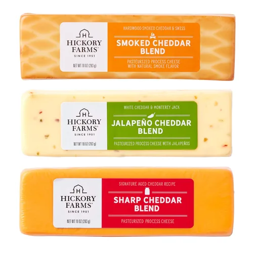 Vista 12 de Hickory Farms Mezcla de queso cheddar ahumado, paquete de 3, 10 onzas cada uno - Artículo de comida para charcutería