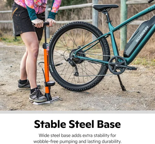 Vista 16 de Schwinn Serie Air Center o bomba de piso básica, para una gama de bicicletas, 100, 120 o 160 PSI, mango de agarre suave, cabezal doble para válvulas