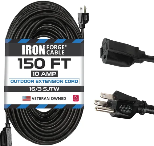 Vista 16 de Iron Forge Cable Paquete de 2 cables de extensión negros de 3 pies, cable de extensión de 16/3, 3 pies, 3 puntas, resistente a la intemperie, ideal