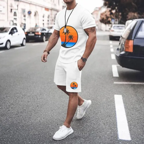 Vista 2 de Men's 2 Piece Outfits Lightweight Classic-Fit Short Sleeve Graphic Tees Printed Shorts Breathable Sport Set