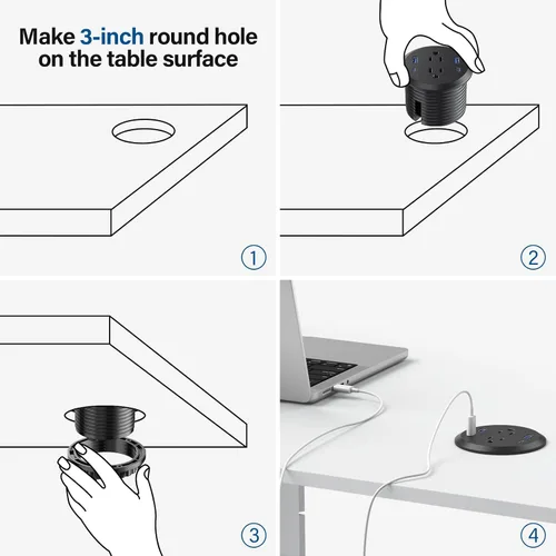 Vista 7 de Ojal de alimentación de escritorio, estación de carga rápida USB C de 65 W, 2 salidas de CA, 4 puertos USB en la parte superior de tu escritorio