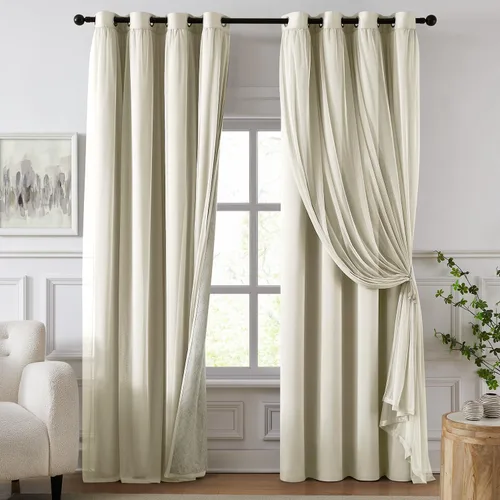 Vista 18 de cortinas 100% opacas para dormitorio, cortinas rosadas de doble capa, cortina oscura de 96 pulgadas de largo con superposición transparente