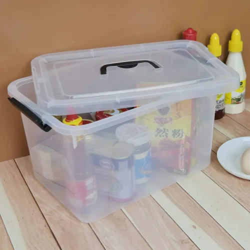 Vista 4 de Caja de almacenamiento de plástico de 10 L, caja de pestillo transparente con asa, juego de 4 Pestillos de bloqueo apretado, para armario, garaje