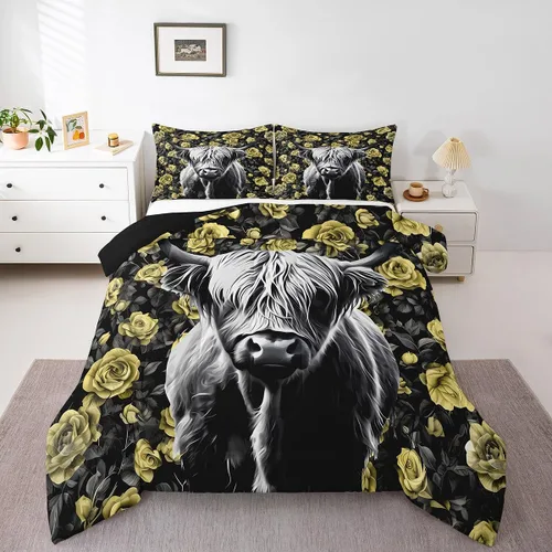 Vista 8 de Erosebridal Juego de edredón con estampado de vaca de las Highland, juego de ropa de cama de granja occidental verde azulado, decoración rústica