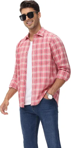 Vista 5 de MCEDAR Camisa de algodón de manga larga con botones y bolsillo a cuadros de ajuste regular para hombre