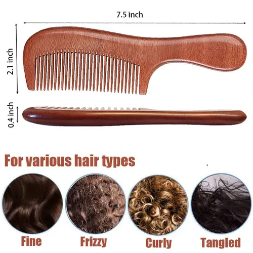 Vista 6 de Juego de 2 peines de madera de sándalo con dientes anchos y finos, peine de madera para mujeres y hombres, peine de madera antiestático para cabello