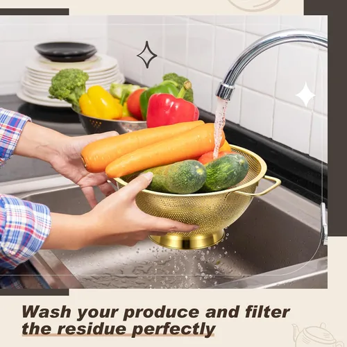 Vista 5 de Norme Colador dorado de acero inoxidable de 3 cuartos de malla fina, colador de metal para pasta, arroz y alimentos con asas, fácil de limpiar