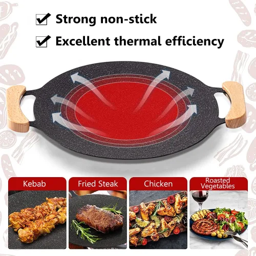 Vista 3 de Sartén coreana con revestimiento antiadherente, sartén redonda de hierro fundido de 10 pulgadas con 2 soportes de madera, compatible con inducción