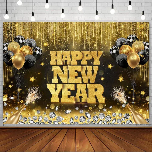Vista 21 de AIBIIN Telón de fondo de 7 x 5 pies con texto en inglés «Happy New Year» 2026, noche de la ciudad, víspera de Año Nuevo, grandiosos fuegos Fuegos