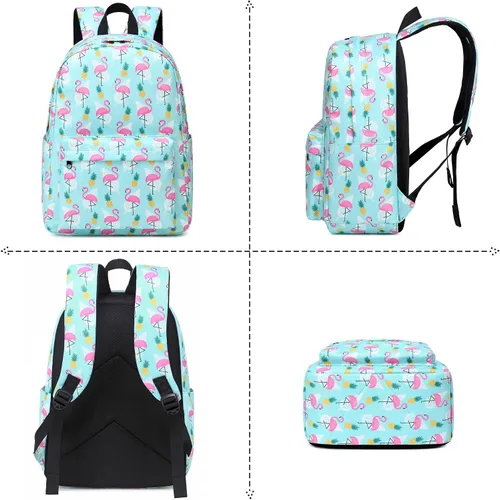 Vista 6 de Yusudan Juego de mochila escolar para niñas, mochila escolar para niños y adolescentes, con bolsa de almuerzo y bolsa para lápices, Verde flamenco