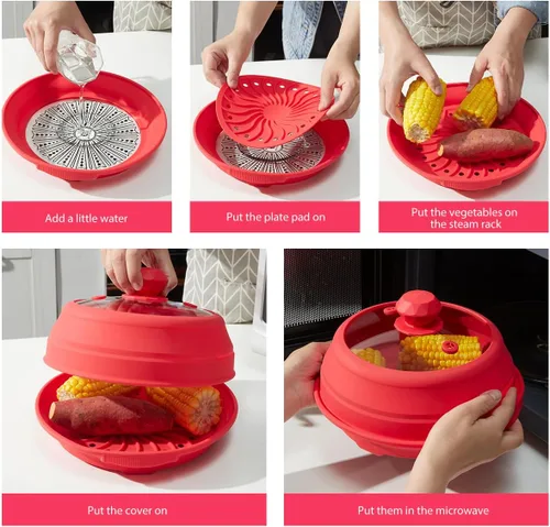Vista 5 de Funda de silicona plegable para microondas, tapa de salpicaduras multifunción ventilada con plato de vidrio para cocinar alimentos y tocino, apto