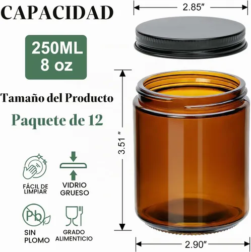 Vista 2 de Paquete de 12 tarros de vela de vidrio ámbar de 8 onzas con tapas de metal negras, tarros de vidrio vacíos con tapas herméticas para hacer velas