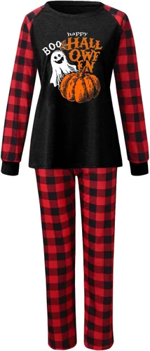 Vista 3 de uhnmki Conjunto de pijama de Halloween para mujer, divertido diseño de calabaza, esqueleto, a cuadros, manga larga, conjunto de pijamas de Halloween