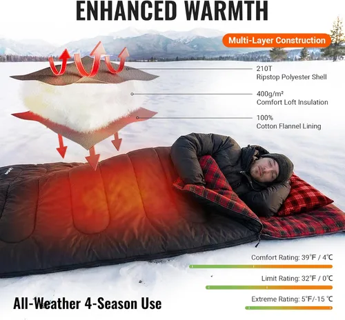 Vista 3 de KingCamp Sleeping Bag for Adults, Cold Weather & Warm XL Big and Tall Flannel Sleeping Bags with Compression Sack Portable Waterproof Essentials