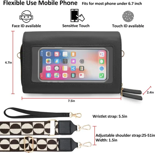 Vista 3 de CrossBody Bolsas con pantalla táctil para teléfono celular, bolsillo con cremallera, bloqueo RFID, tarjetero para iPhone para mujer