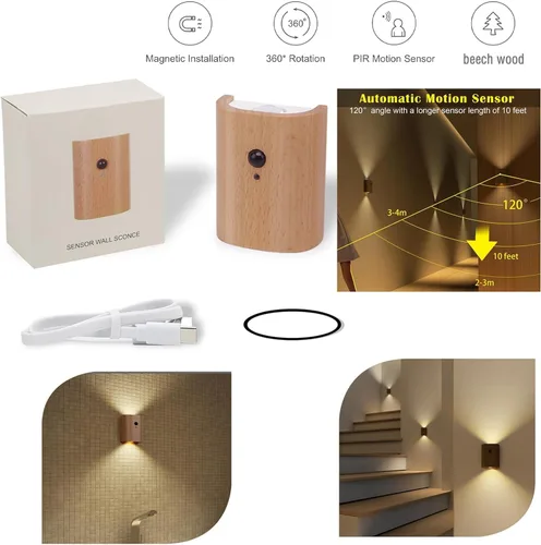 Vista 3 de Aplique de pared con sensor LED de diseño moderno pasillo USB C recargable, luz nocturna cálida instalación magnética para pasillos, dormitorios