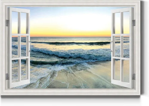 Vista 19 de Renditions Gallery Lienzo decorativo para pared, vista de barco viejo atracado en la playa de arena blanca, obra de arte para colgar en la pared