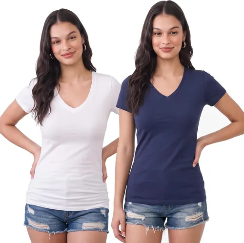 Vista 77 de Emmalise Camiseta de manga corta para mujer, cuello en V, tallas junior y plus