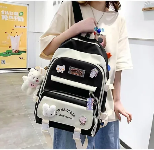 Vista 7 de Juego de 5 mochilas estéticas lindas con alfileres y colgante, mochila japonesa kawaii para la universidad para computadora portátil, mochila Negro