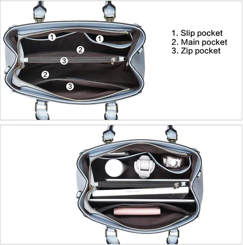 Vista 3 de BOSTANTEN Bolso de piel para mujer con asa superior bolso de hombro bolso cruzado azul y cuero para mujer con bloqueo RFID cremallera alrededor
