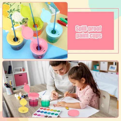 Vista 4 de Zonon 50 vasos de pintura de 6 onzas antiderrames con tapas abiertas, suministros de arte para el regreso a la escuela, aula, estudio de artista