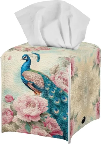 Vista 17 de Caja de pañuelos cuadrada para caja de pañuelos faciales, organizador de servilletas de pavo real, dispensador para dormitorio, oficina, decoración