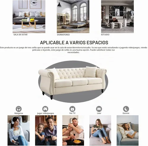 Vista 3 de Juego de Sofá Combinado de Terciopelo Chesterfield de 2 Piezas para Sala de Estar, Sofá de 3 Plazas y Loveseat con Tapizado Capitoné con 4