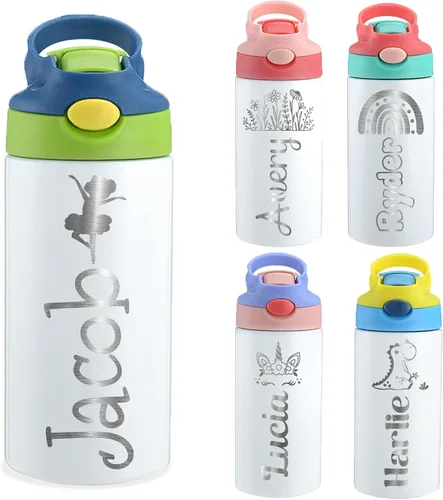 Vista 9 de Mostop Botellas de agua personalizadas para niños, botella de agua deportiva con nombre personalizado de 16 onzas con popote para niños, niñas