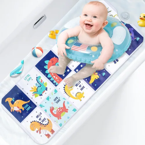 Vista 8 de Alfombra de baño para niños con diseño temático de océano, 40 x 16 pulgadas, antideslizante con 200 ventosas, patrón de animales marinos de dibujos