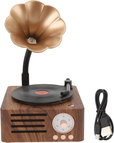 Vista 7 de Altavoz de tocadiscos vintage, tocadiscos portátil de grano de madera, altavoz Bluetooth con bocina de cobre, función de radio FM, diseño compacto