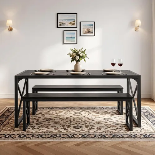 Vista 4 de VECELO Juego de mesa de comedor de cocina de 55 pulgadas para 4, marco de acero resistente y mesa de grano de madera, juegos de comedor que ahorran