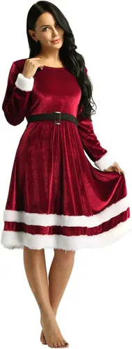 Vista 3 de JEATHA Disfraz de terciopelo de Navidad para mujer, vestido de manga larga con vuelo, vestido de Navidad