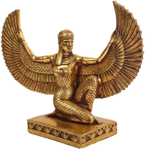 Vista 2 de Estatua de la diosa egipcia Isis alas abiertas de polystone con hoja de oro pintura a mano