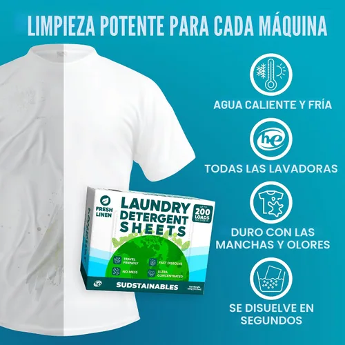 Vista 4 de Sudstainables Hojas de detergente para ropa de 200 cargas: hoja de lavandería soluble para lavadoras, alternativa compacta al detergente líquido