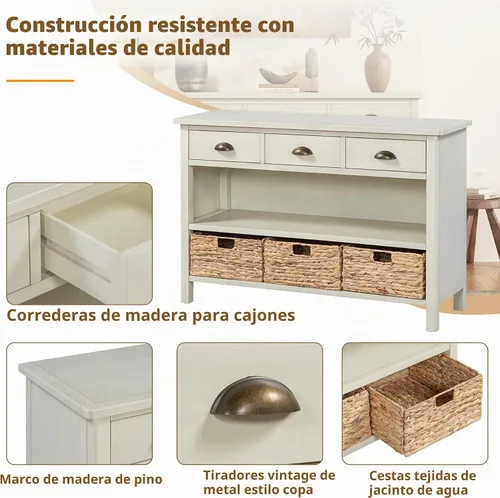 Vista 6 de Knocbel - Mesa consola rústica de 47 pulgadas de largo con cajones de almacenamiento y cestas tejidas, sala de estar, entrada, pasillo, vestíbulo