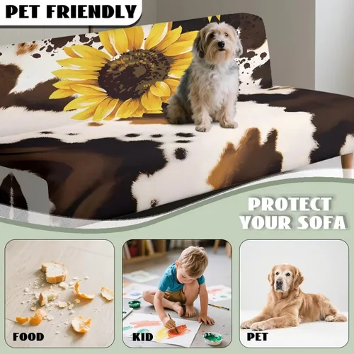Vista 6 de Fundas para sofá cama con estampado de vaca marrón girasol con bandas elásticas para el hogar, sala de estar, fácil de instalar, antideslizante