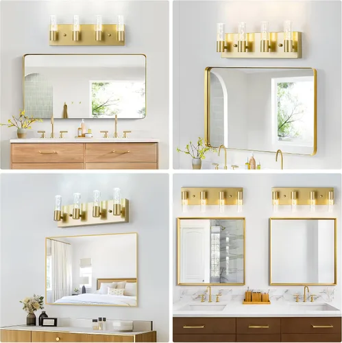 Vista 8 de Lámparas de tocador de baño sobre espejo con acabado dorado cepillado, 4 luces de tocador, apliques de pared para baño