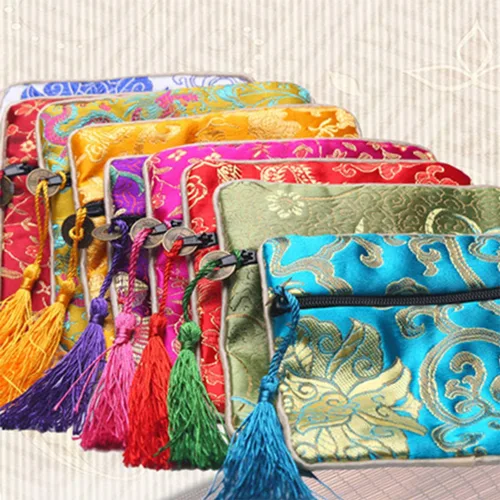 Vista 3 de EAVOQLB 16 unids tradicional brocado bolsa bordado bolsa joyería bolsa Shu Jin flecos cartera cremallera bolsa valor conjunto