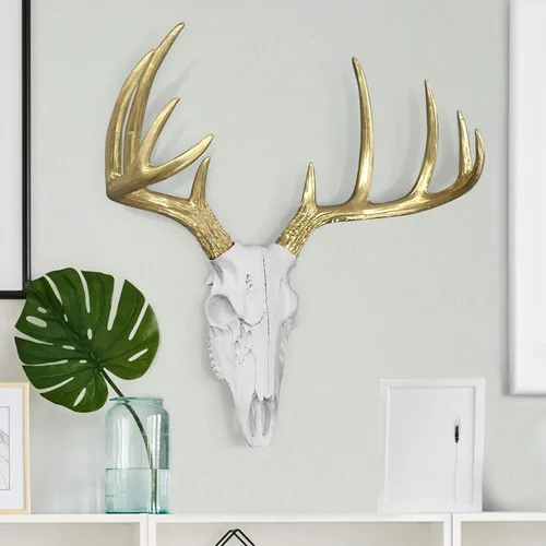 Vista 2 de Wallcharmers Decoración de pared grande con cuernos blancos y dorados, decoración de pared de cabeza de animal de taxidermia sintética de 21