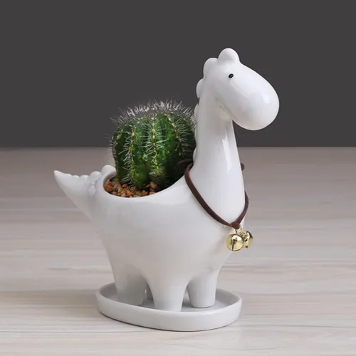 Vista 5 de Cabilock Maceta de cerámica de dinosaurio con bandeja de drenaje, adorable maceta para suculentas para decoración de escritorio de jardín
