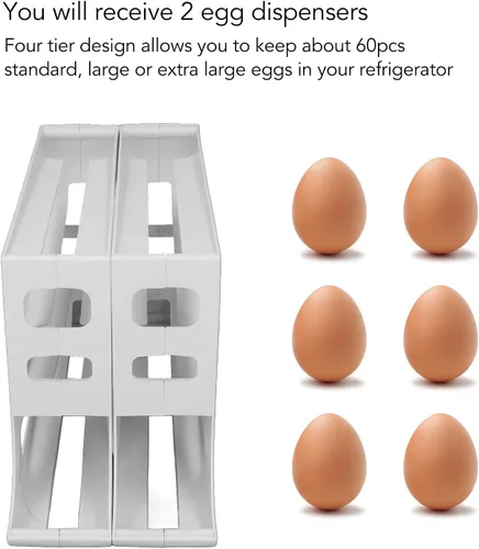 Vista 2 de Soporte para huevos para refrigerador, 60 unidades dispensador automático de huevos con 4 niveles y filas dobles, organizador de bandejas de huevos