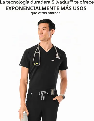 Vista 8 de FIGS Leon - Camiseta médica para hombre, 3 bolsillos, ajuste a medida, cuello en V moderno, elástico en 4 direcciones, absorbe la humedad BLK