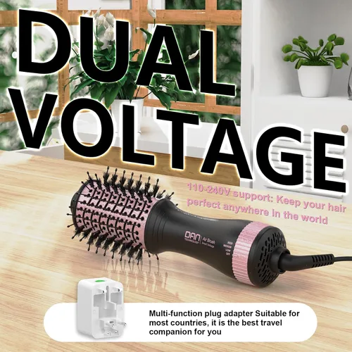 Vista 2 de DAN (100 V-240 V) Cepillo secador de pelo automático de doble voltaje, cepillo secador de pelo de viaje con adaptador de enchufe multifunción, mini