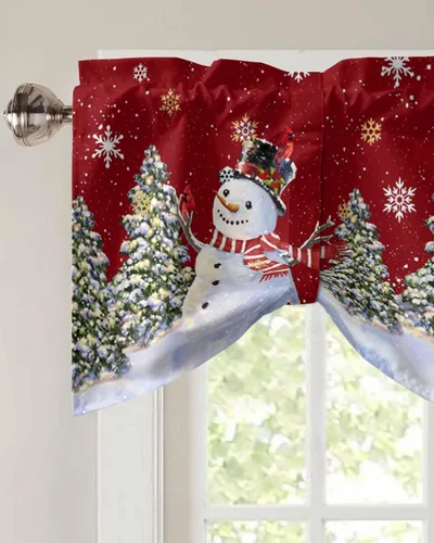 Vista 4 de Cortinas de cocina de Navidad, cenefa semitransparente ajustable con lazo, muñeco de nieve, copo de nieve, bolsillo para barra, tratamiento