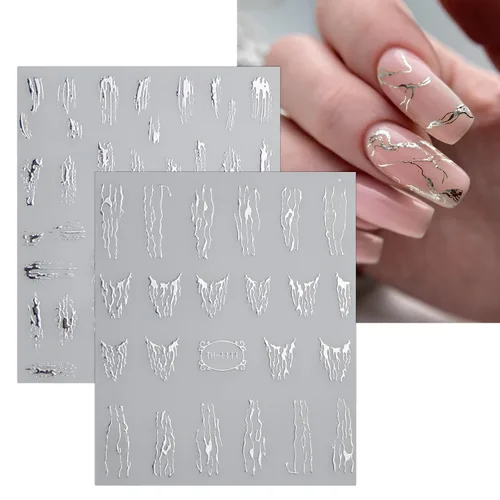 Vista 4 de JMEOWIO 9 hojas de calcomanías de arte de uñas con líneas de mármol, autoadhesivas, pegatinas para uñas plateadas, suministros para uñas, diseño